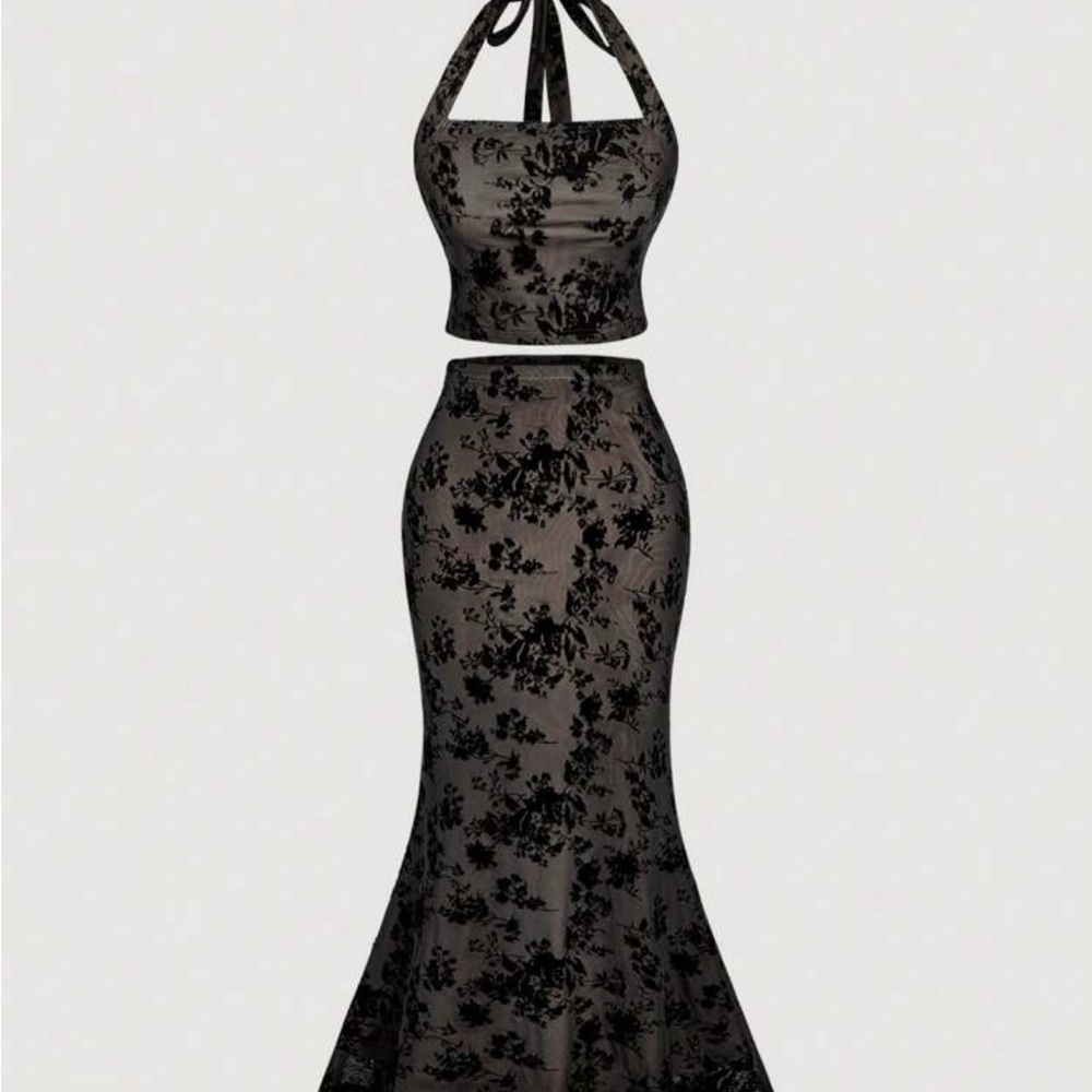2 Piece Black Floral Halter Top and Skirt Set